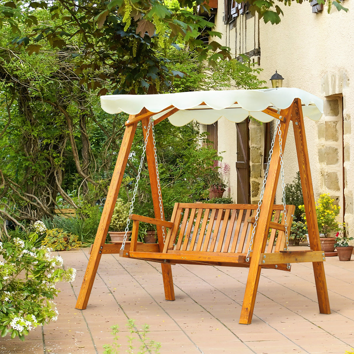 easycomfort easycomfort dondolo da giardino 2 posti in legno di pino con tettuccio parasole bianco