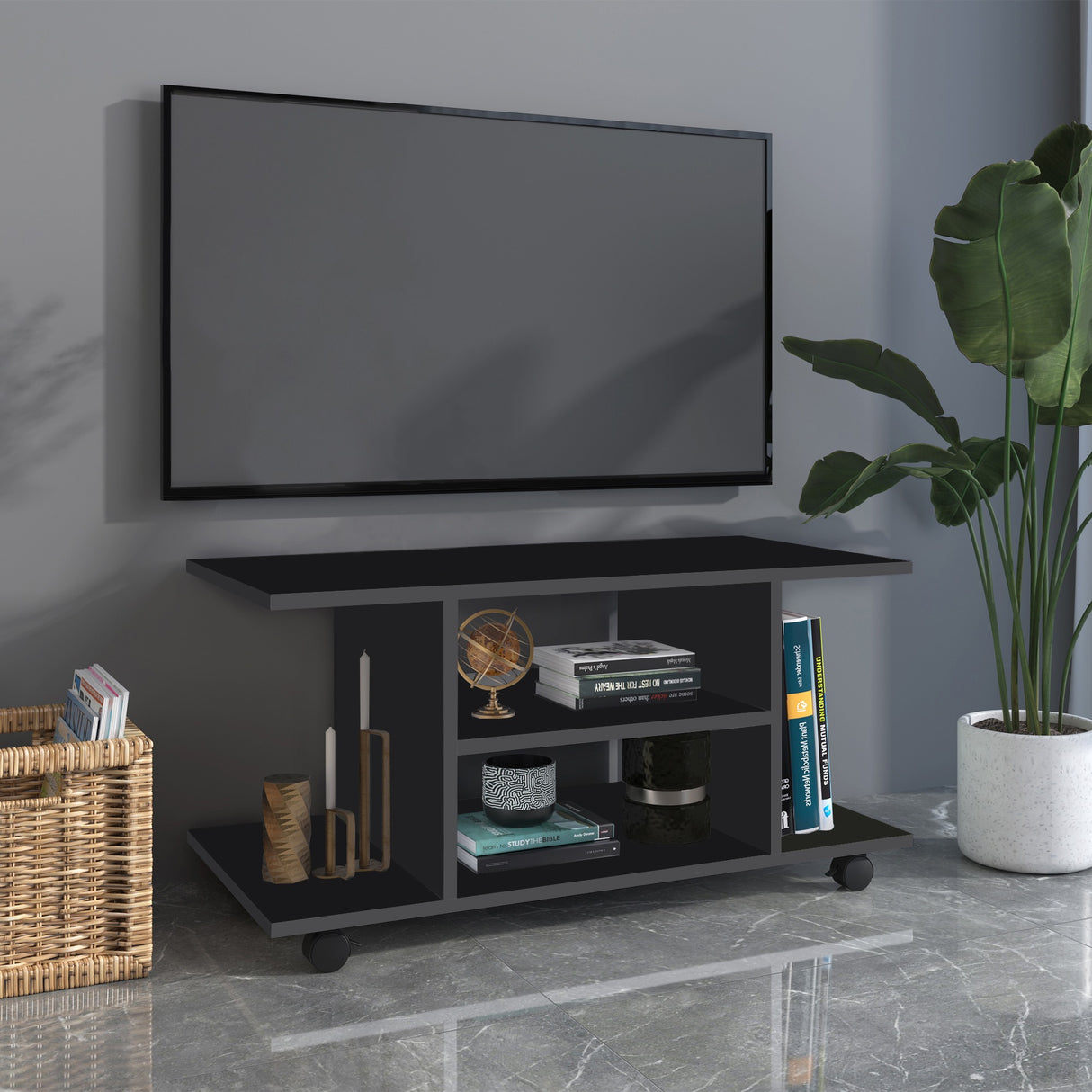 easycomfort easycomfort mobile porta tv in legno con ruote nero 80x40x40cm ean 8054144131672