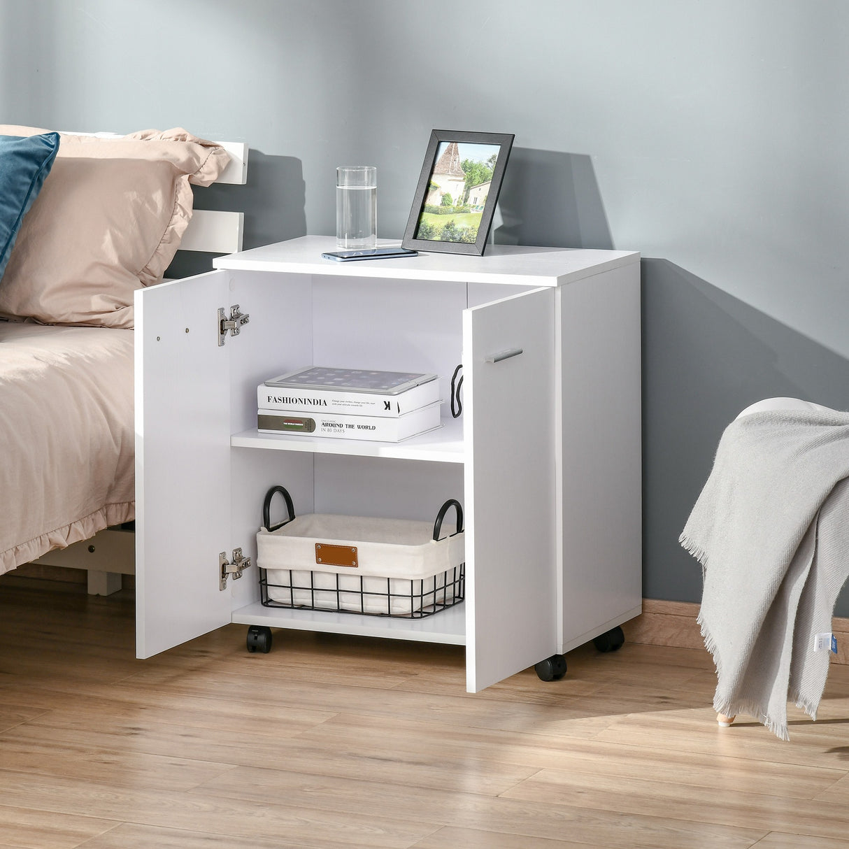 easycomfort easycomfort mobiletto in legno con ruote e 2 ante 60x35x65cm bianco violaceo ean 8054144131573