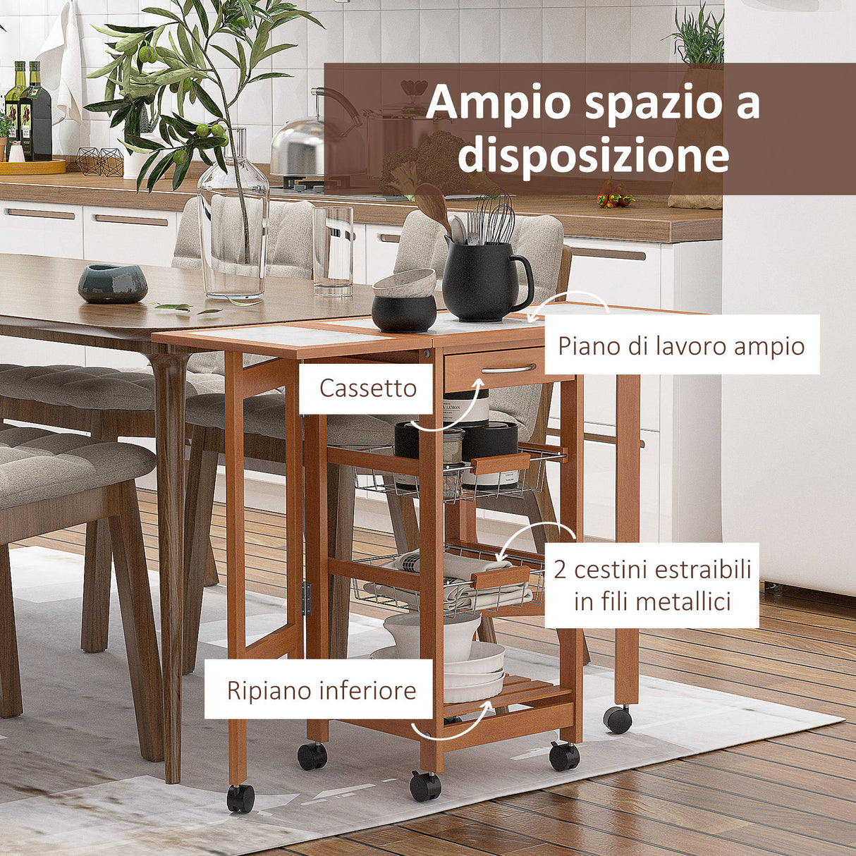 easycomfort easycomfort carrello da cucina servizio ausiliare in legno e metallo cromato con 6 ruote e cassetto ean 8054144131139