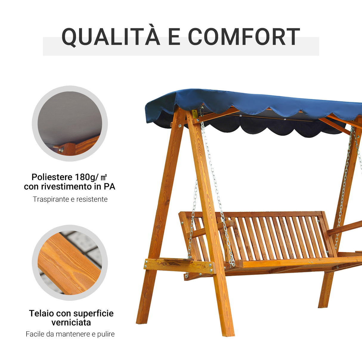 easycomfort easycomfort dondolo da giardino 3 posti con baldacchino in legno 200x 130x 185cm
