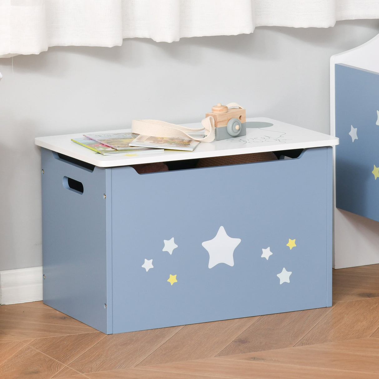 easycomfort easycomfort cassapanca baule portagiochi in legno blu e bianco panca per cameretta bambini 55 x 34 x 35 5 cm