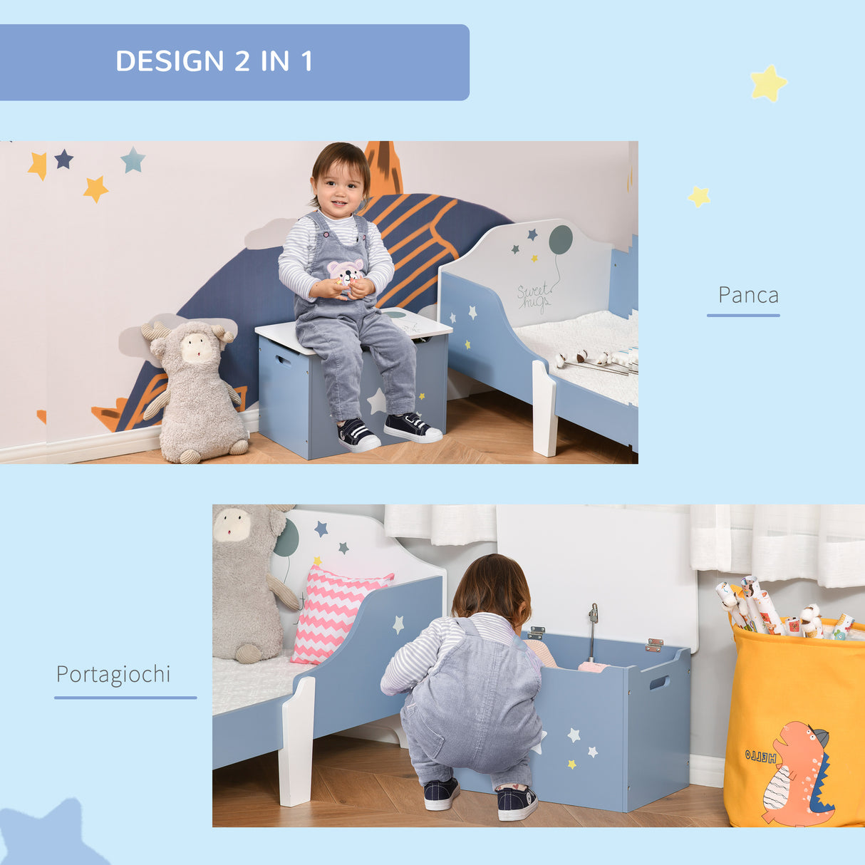 easycomfort easycomfort cassapanca baule portagiochi in legno blu e bianco panca per cameretta bambini 55 x 34 x 35 5 cm