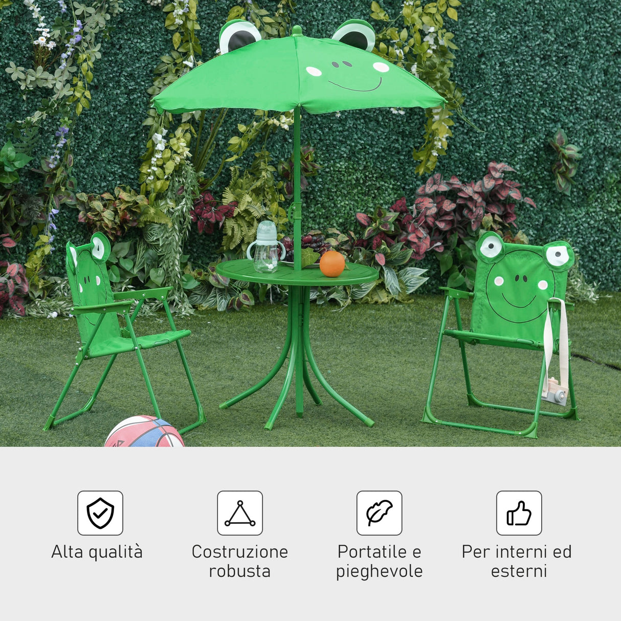 easycomfort easycomfort set tavolo da giardino con 2 sedie pieghevoli e ombrellone per bambini rana ean 8054111849968