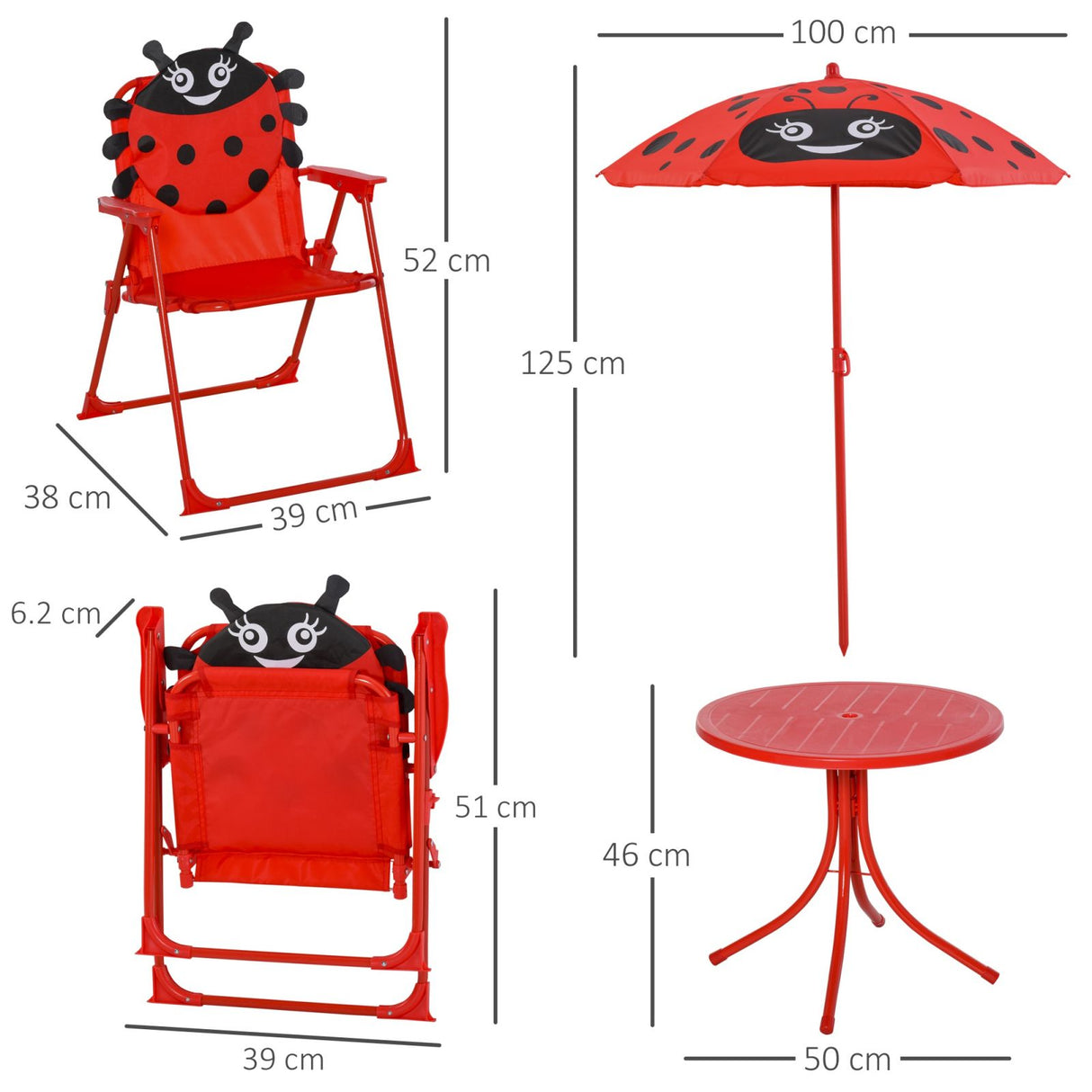 easycomfort easycomfort set tavolo da giardino con 2 sedie pieghevoli e ombrellone per bambini coccinella ean 8054111849975