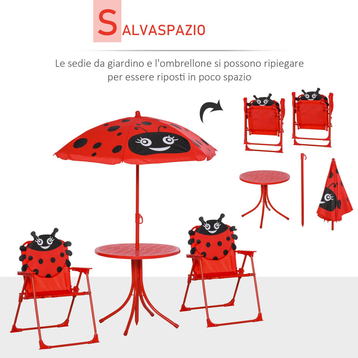 easycomfort easycomfort set tavolo da giardino con 2 sedie pieghevoli e ombrellone per bambini coccinella ean 8054111849975
