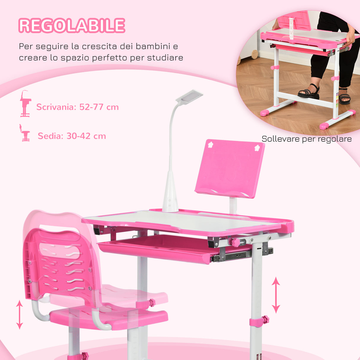 easycomfort easycomfort banco scuola regolabile con sedia per bambini 6 12 anni 70x49 5x80 105 cm rosa