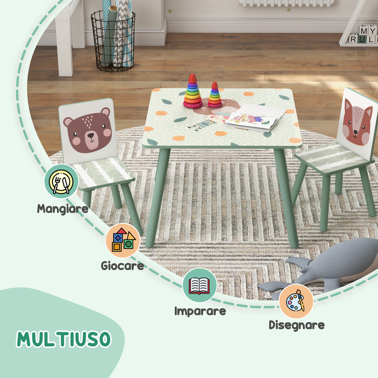 easycomfort easycomfort set tavolo e sedie 3 pezzi per bambini 3 8 anni in mdf e legno di pino verde