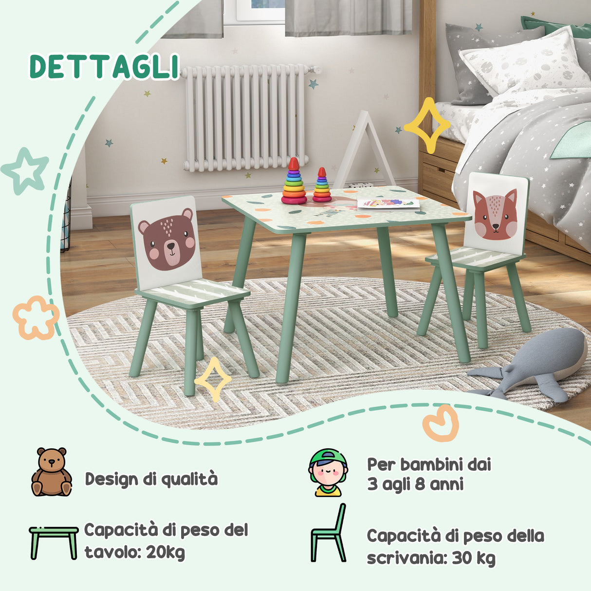easycomfort easycomfort set tavolo e sedie 3 pezzi per bambini 3 8 anni in mdf e legno di pino verde