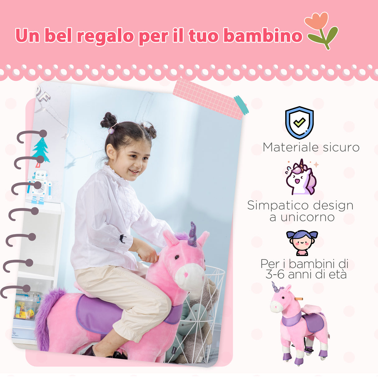 easycomfort easycomfort cavallo a dondolo con ruote a forma di unicorno per bambini da 3 6 anni 70x32x87cm rosa