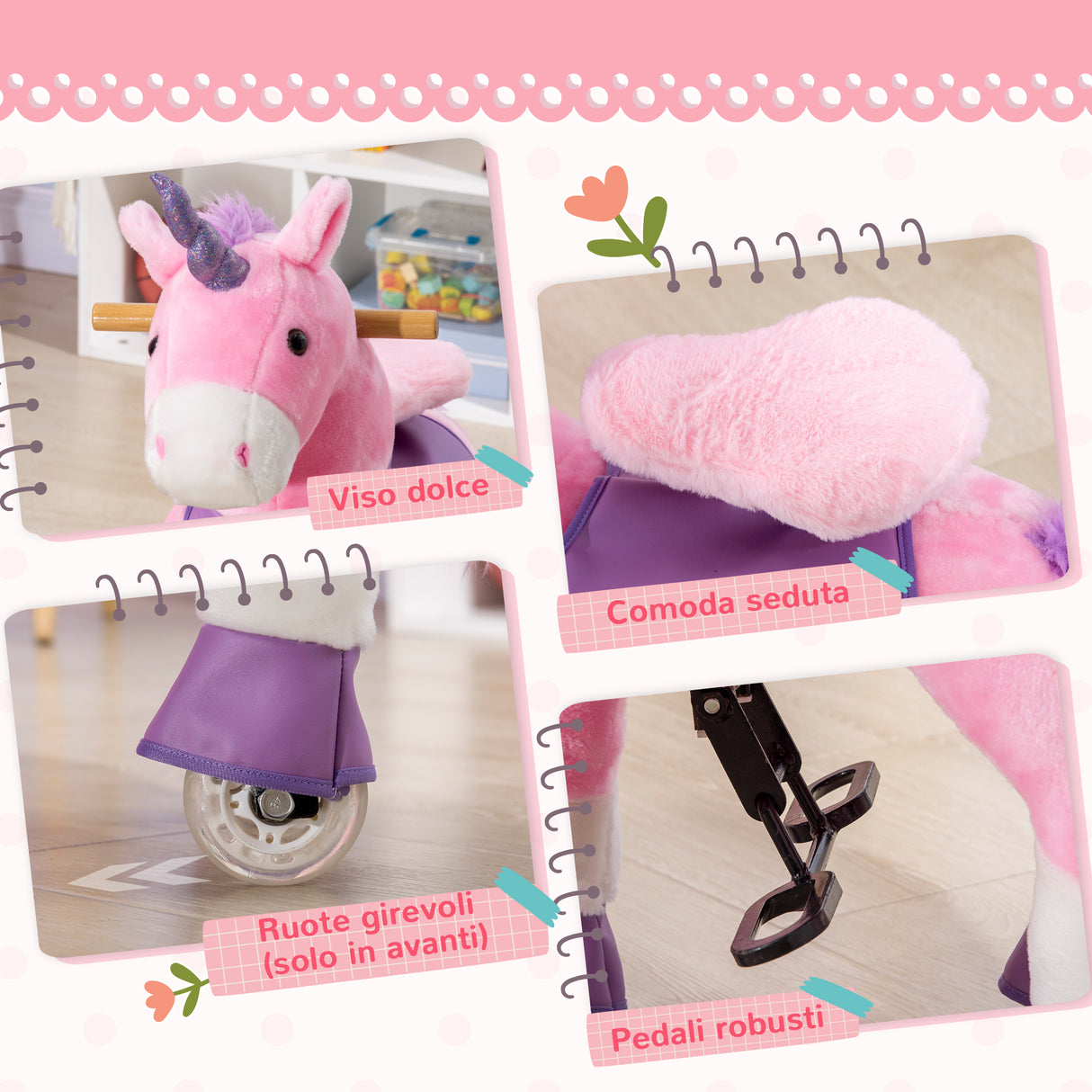 easycomfort easycomfort cavallo a dondolo con ruote a forma di unicorno per bambini da 3 6 anni 70x32x87cm rosa