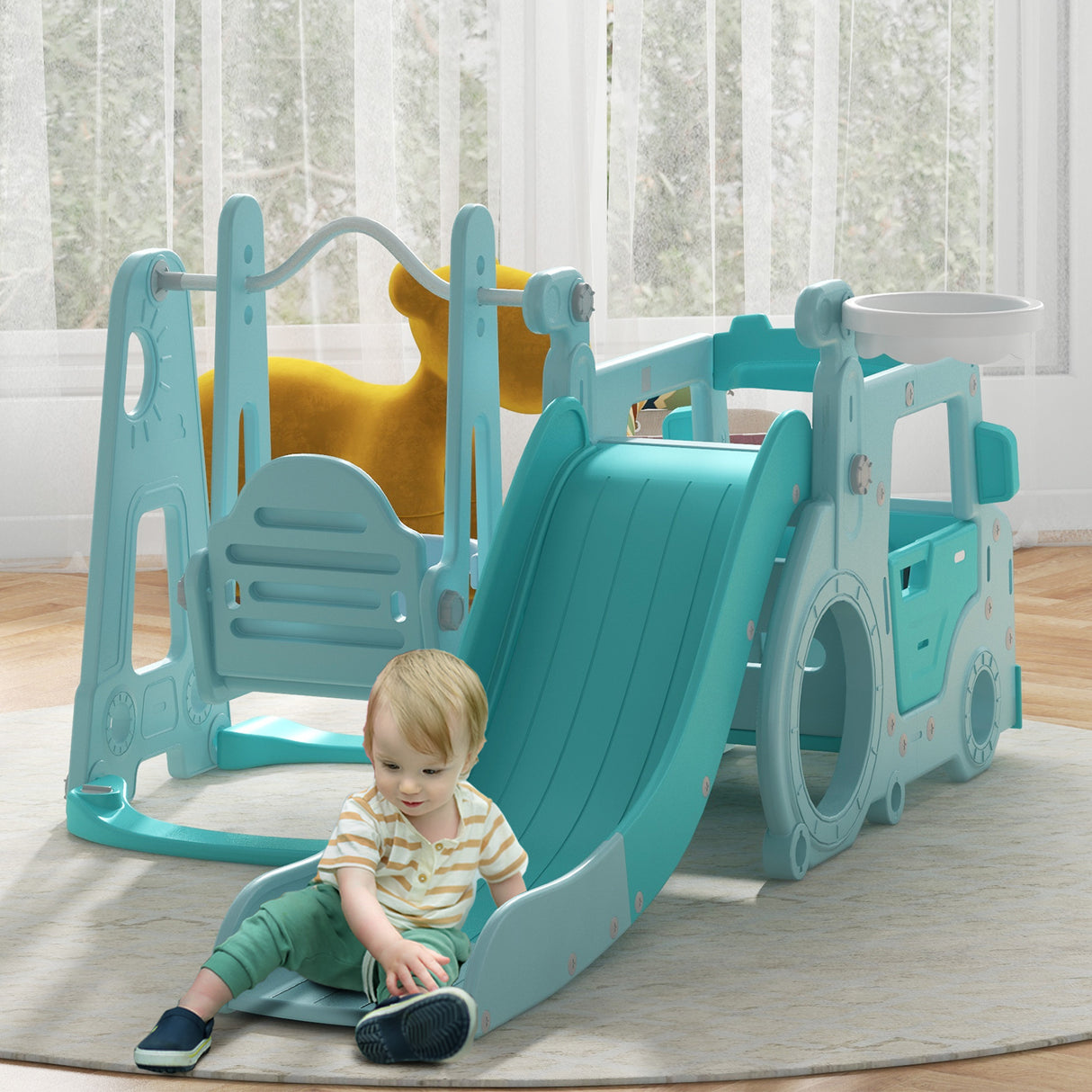 easycomfort easycomfort set scivolo per bambini 18 48 mesi con altalena macchinina e canestro 201x151x87 5cm azzurro