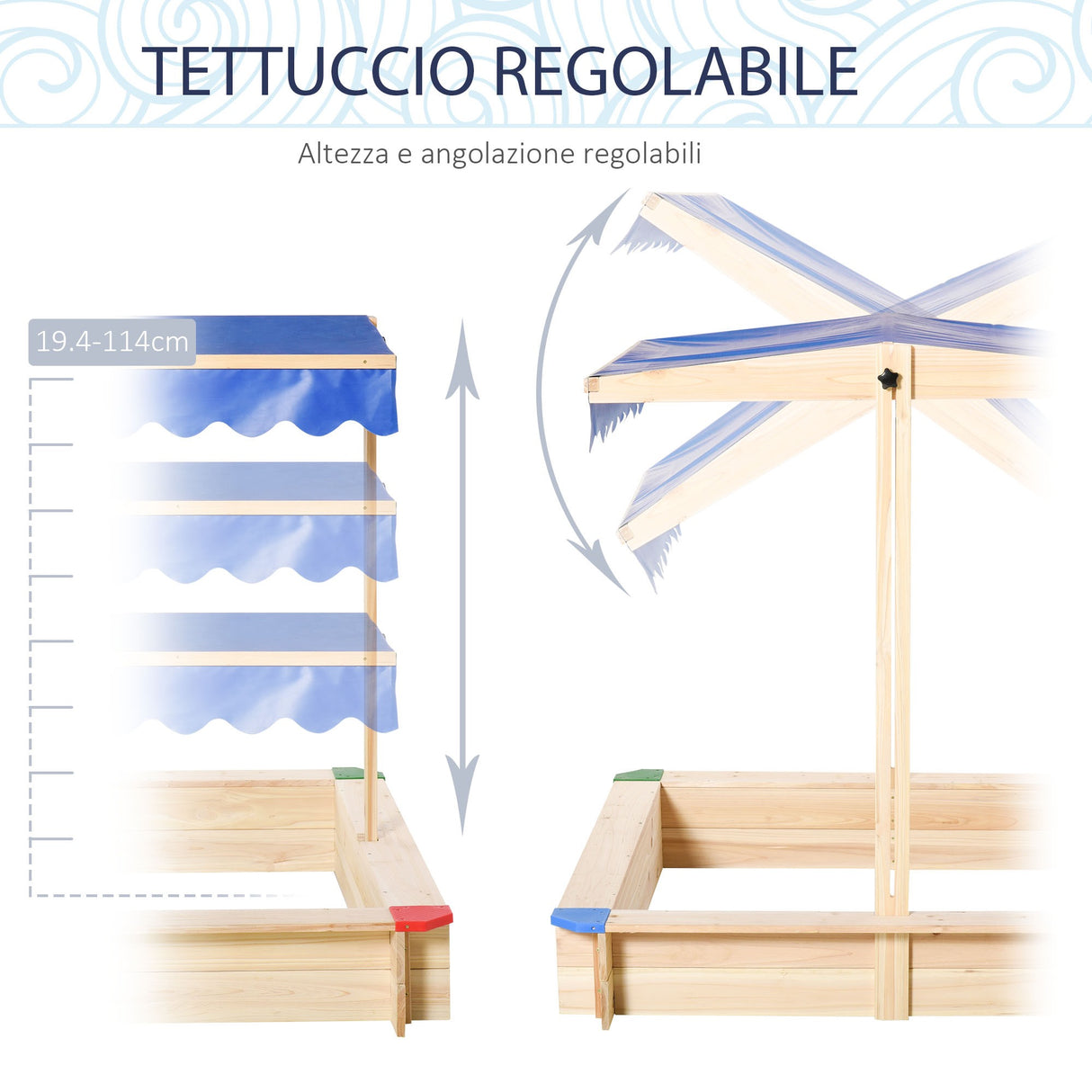 easycomfort easycomfort sabbiera per bambini in legno con panca e tettuccio parasole regolabile 120x120x120cm