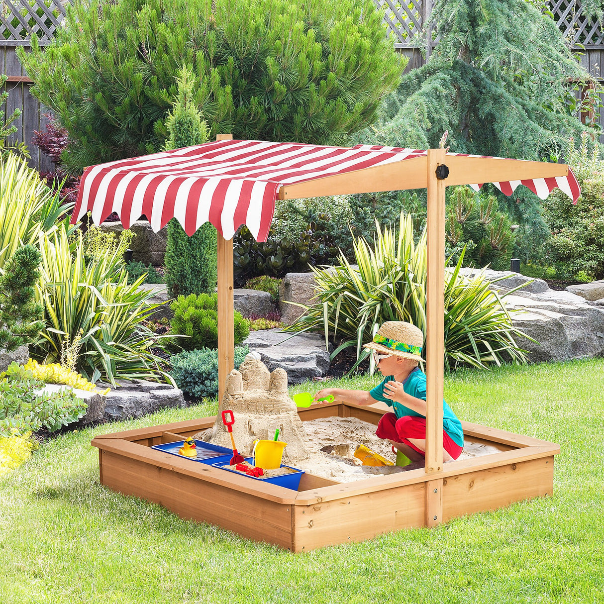 easycomfort easycomfort sabbiera per bambini in legno con tettuccio regolabile sedute e vaschette 107 5x107 5x110cm