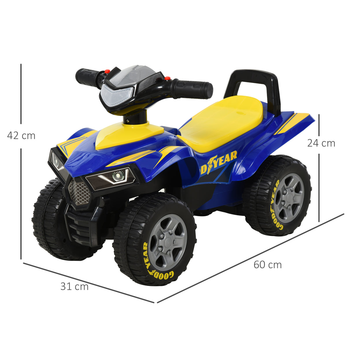 easycomfort easycomfort quad giocattolo per bambini 18 36 mesi con licenza goodyear con luci e suoni realistici blu e giallo 60x31x42cm