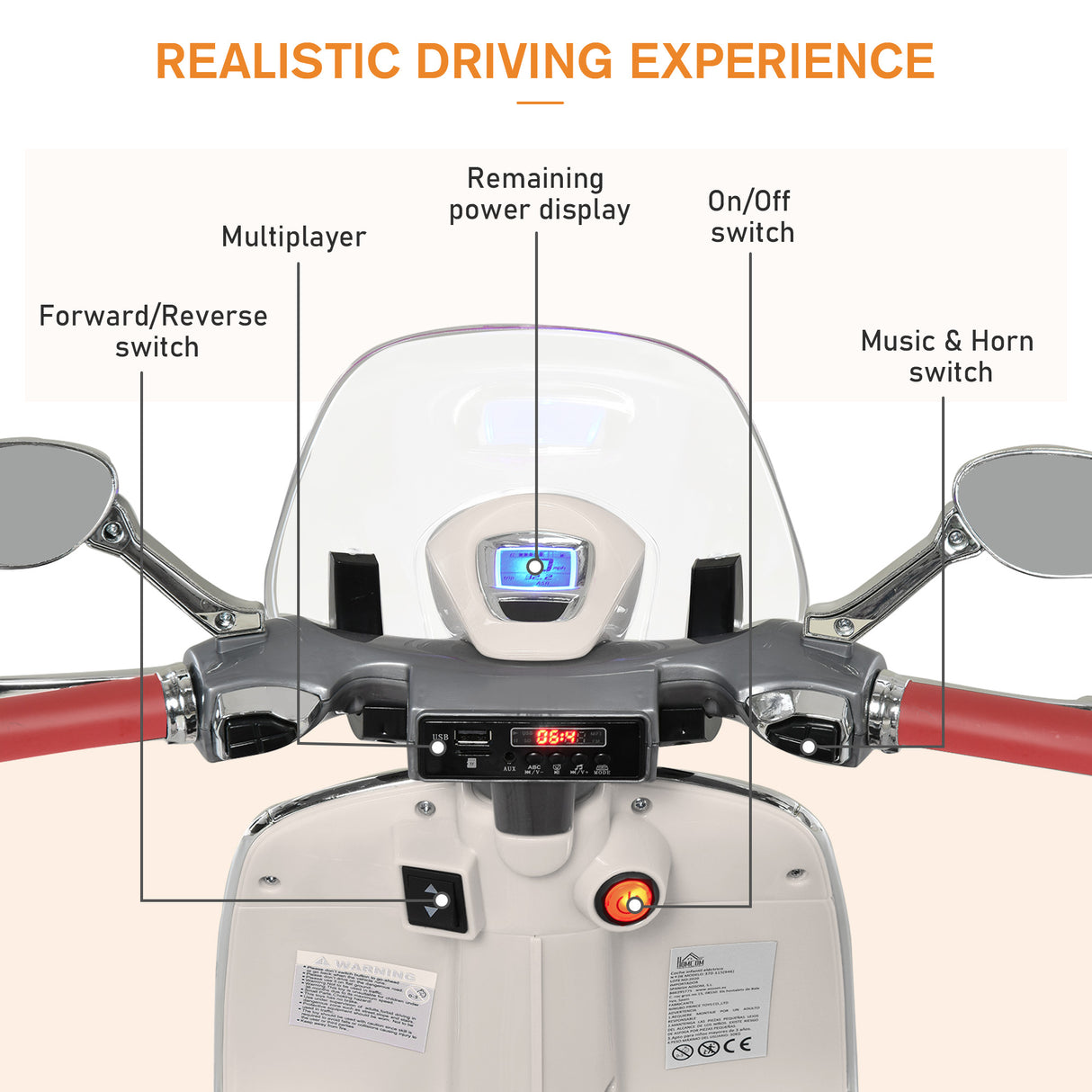 easycomfort easycomfort moto elettrica per bambini con licenza ufficiale vespa 2 rotelle luci e suoni 108x49x75 cm bianca