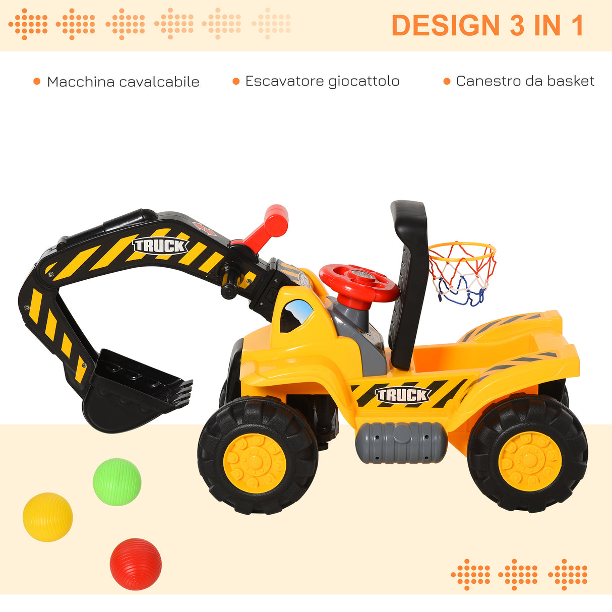 easycomfort easycomfort escavatore giocattolo per bambini max 30 kg con braccio mobile canestro e palline colorate giallo e nero