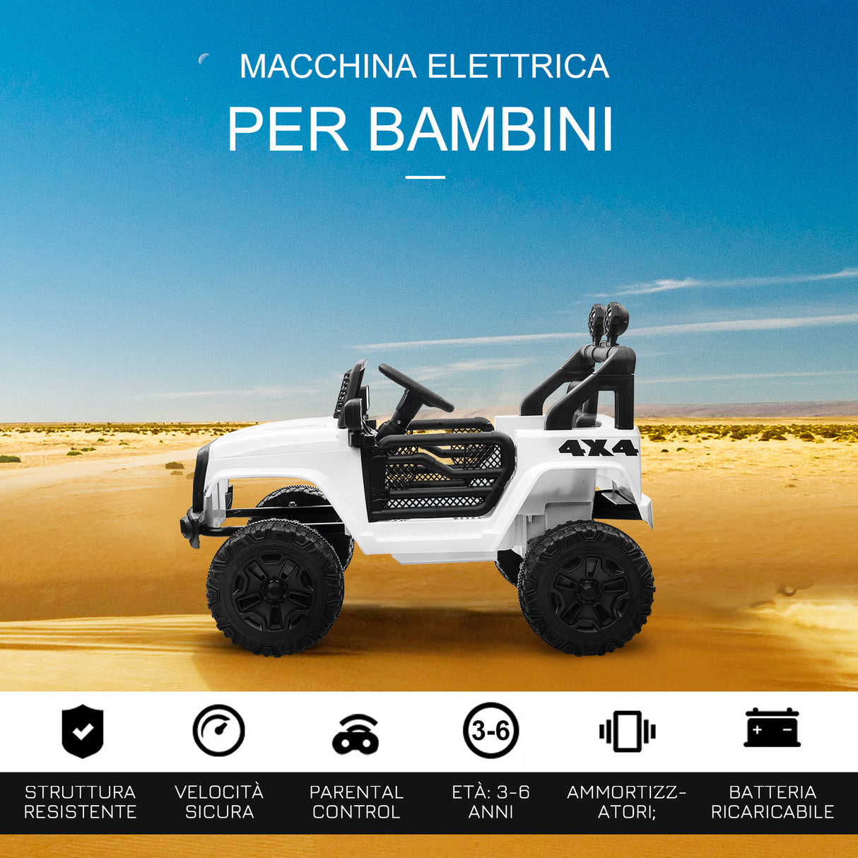 easycomfort easycomfort macchina elettrica per bambini jeep fuoristrada con telecomando e 2 velocita 100x65x72 cm bianco