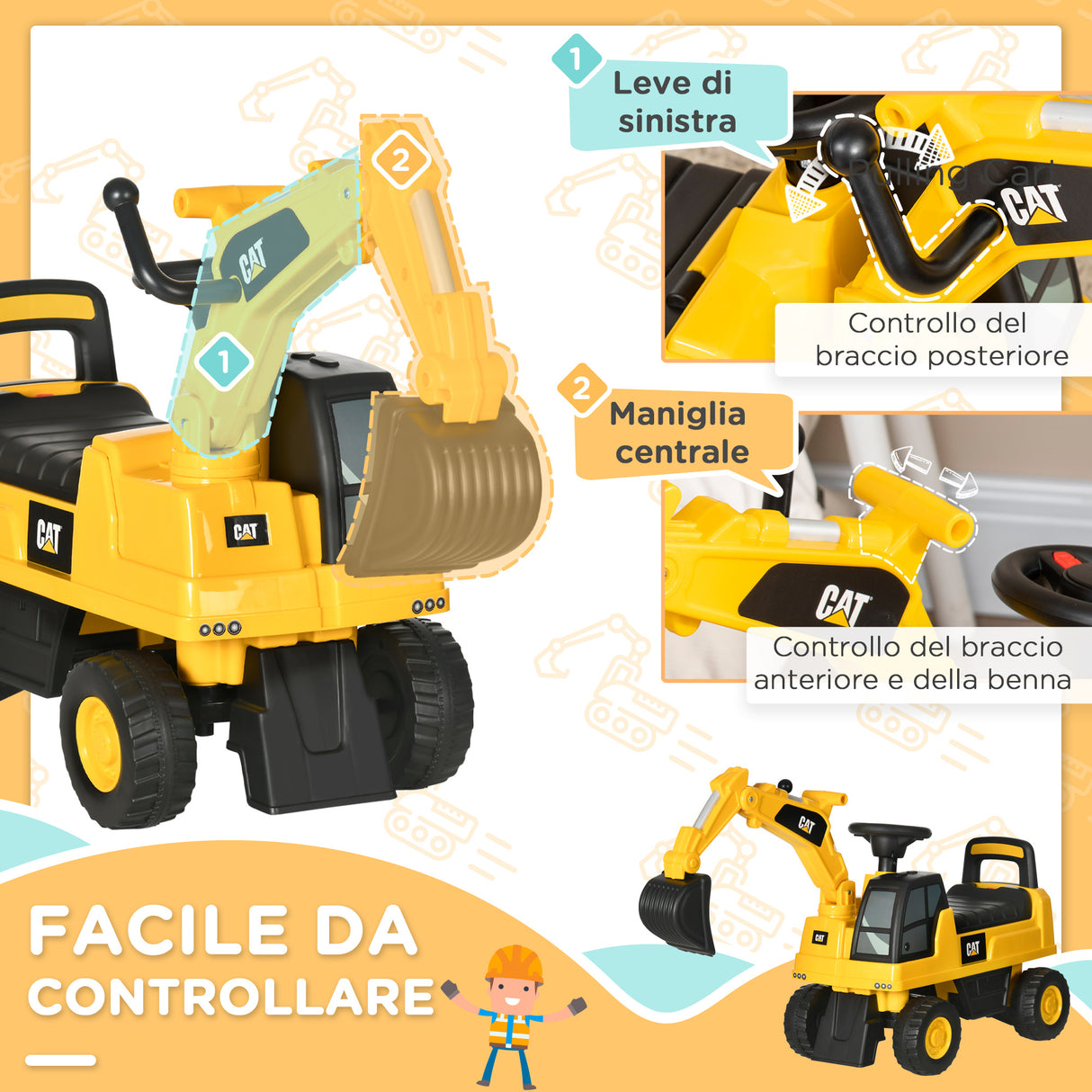 easycomfort easycomfort ruspa giocattolo per bimbi da 1 3 anni con escavatore e contenitore senza batteria giallo