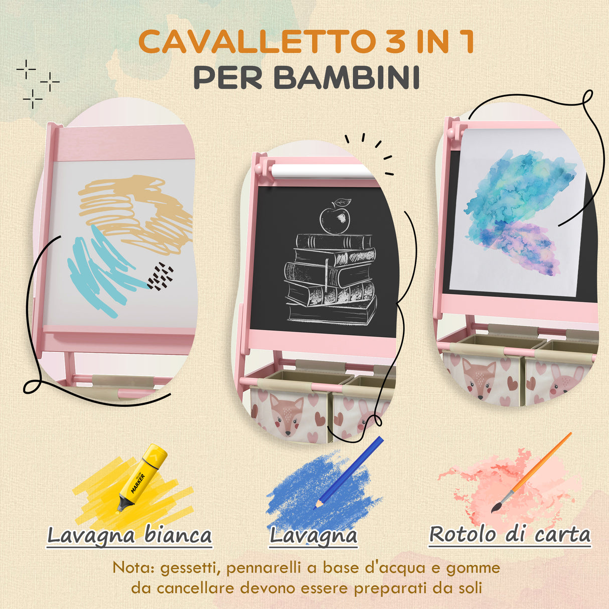 easycomfort easycomfort lavagna per bambini con cavalletto 3 in 1 e 2 contenitori eta 3 8 anni 54x46 5x93cm rosa