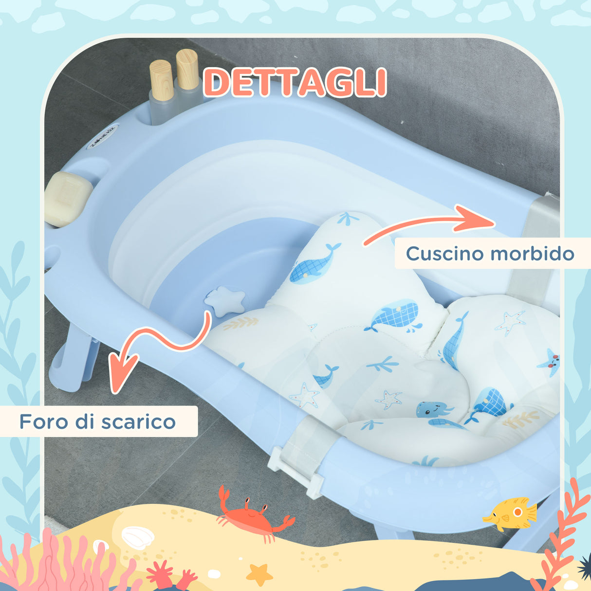 easycomfort easycomfort vaschetta bagnetto pieghevole bambini 0 6 anni con cuscino e 2 ripiani 83x48x23 5 cm blu e bianco