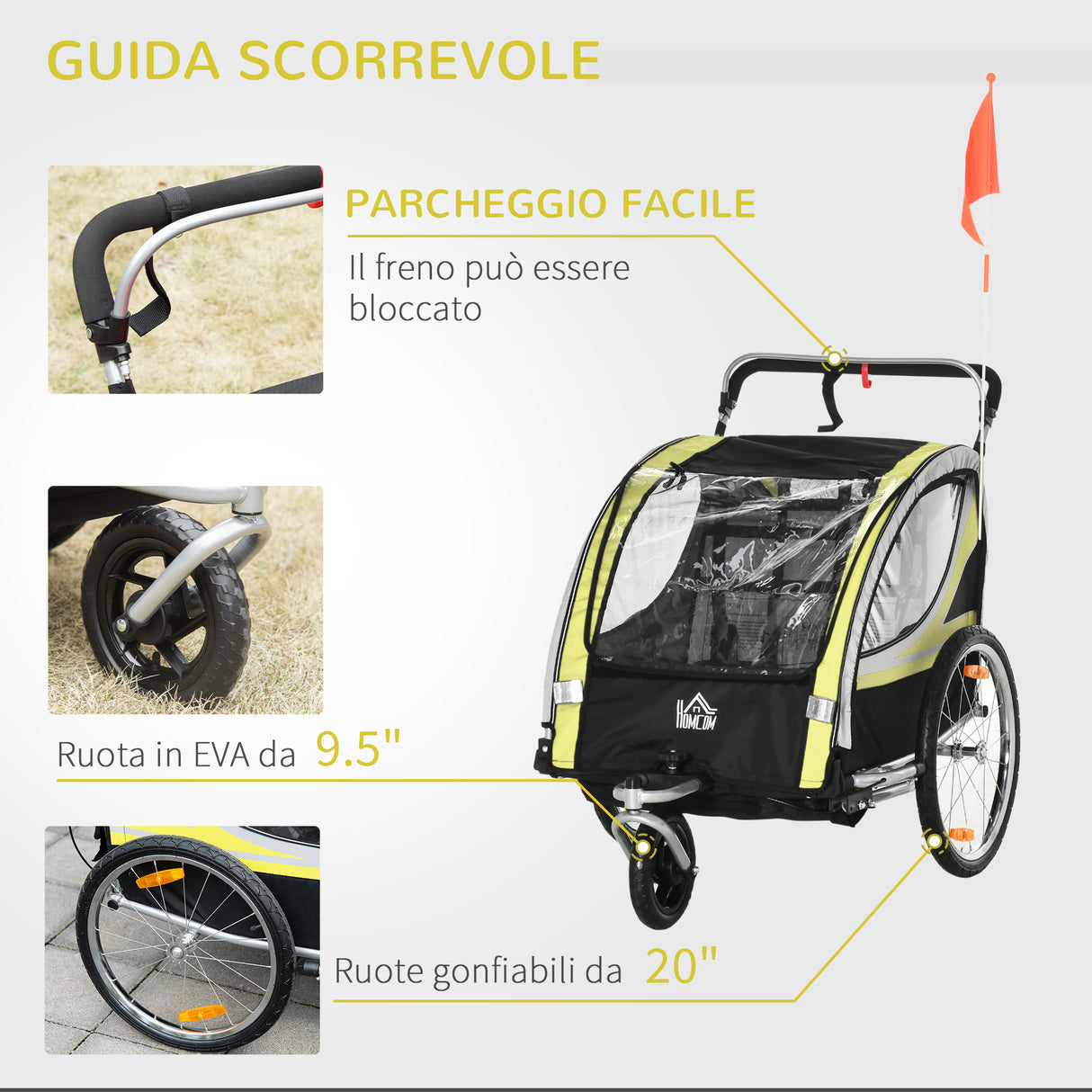 easycomfort easycomfort rimorchio per bicicletta per 2 bambini 2 in 1 passeggino con cinture di sicurezza catarifrangenti e bandierina giallo