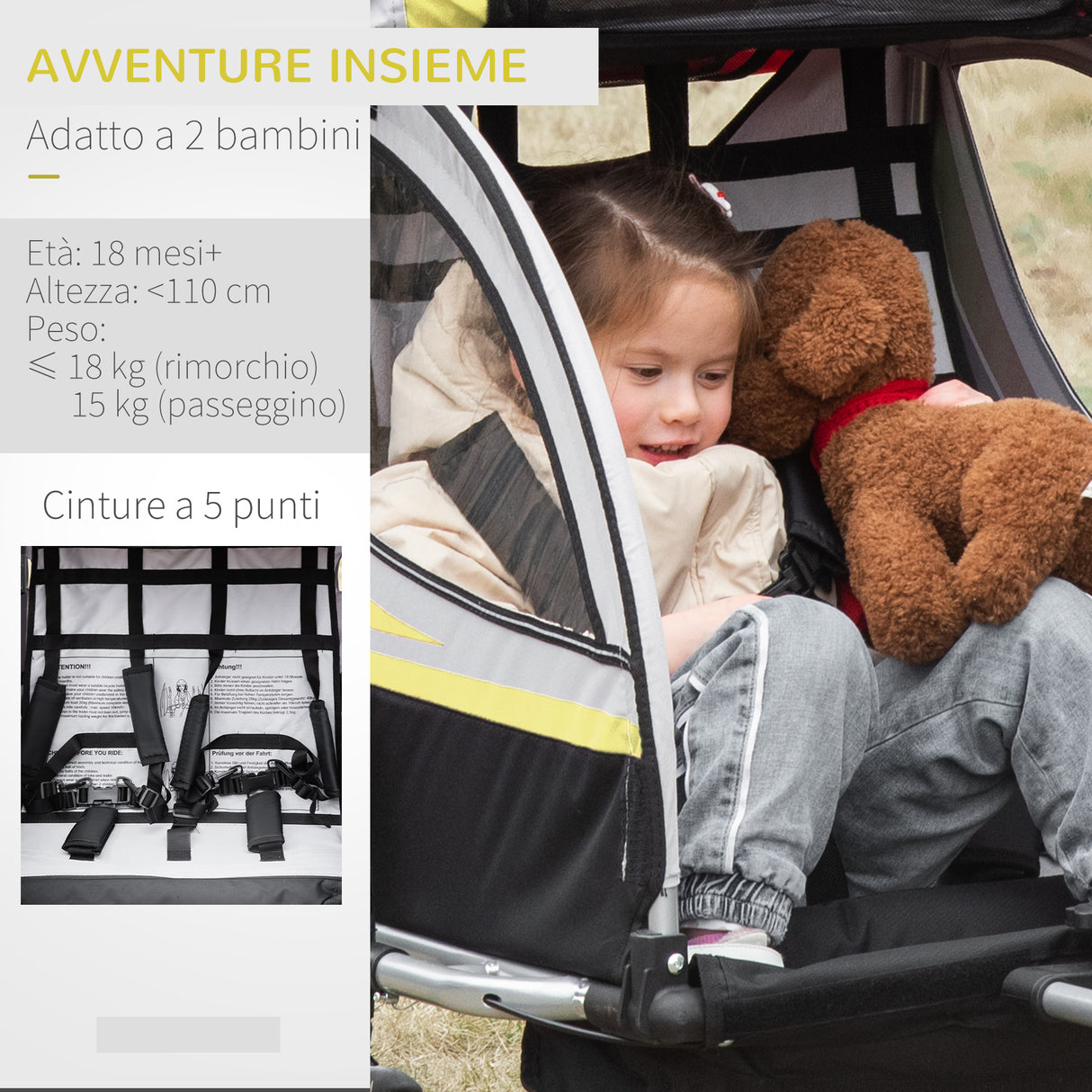 easycomfort easycomfort rimorchio per bicicletta per 2 bambini 2 in 1 passeggino con cinture di sicurezza catarifrangenti e bandierina giallo