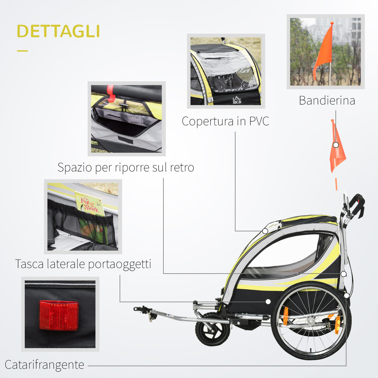 easycomfort easycomfort rimorchio per bicicletta per 2 bambini 2 in 1 passeggino con cinture di sicurezza catarifrangenti e bandierina giallo
