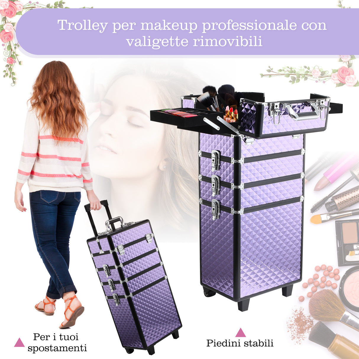 easycomfort easycomfort trolley per make up professionale in alluminio viola con valigetta removibile 33.5 x 23 x 7695.5cm ean 8054144137650