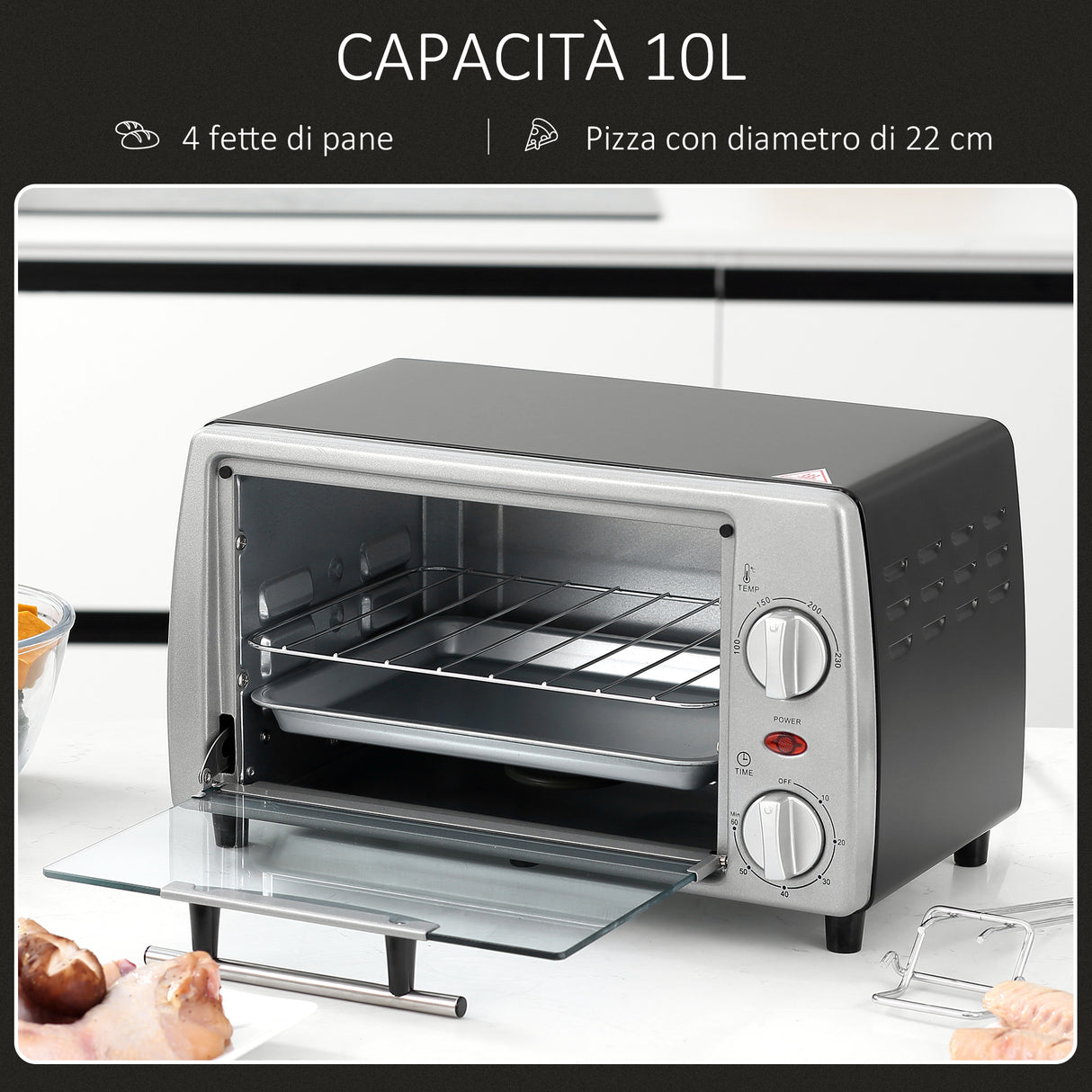 easycomfort easycomfort fornetto elettrico 10l temperatura regolabile e timer griglia e teglia incluse 750w 36.5x26x22cm argento nero