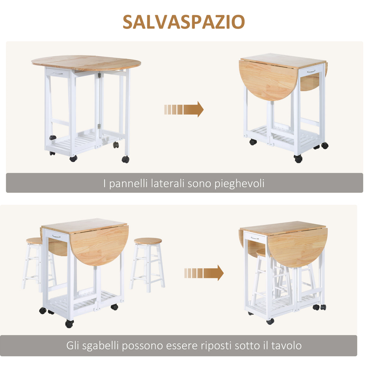easycomfort easycomfort set 3 pezzi tavolo pieghevole da cucina e 2 sgabelli salvaspazio bianco e legno