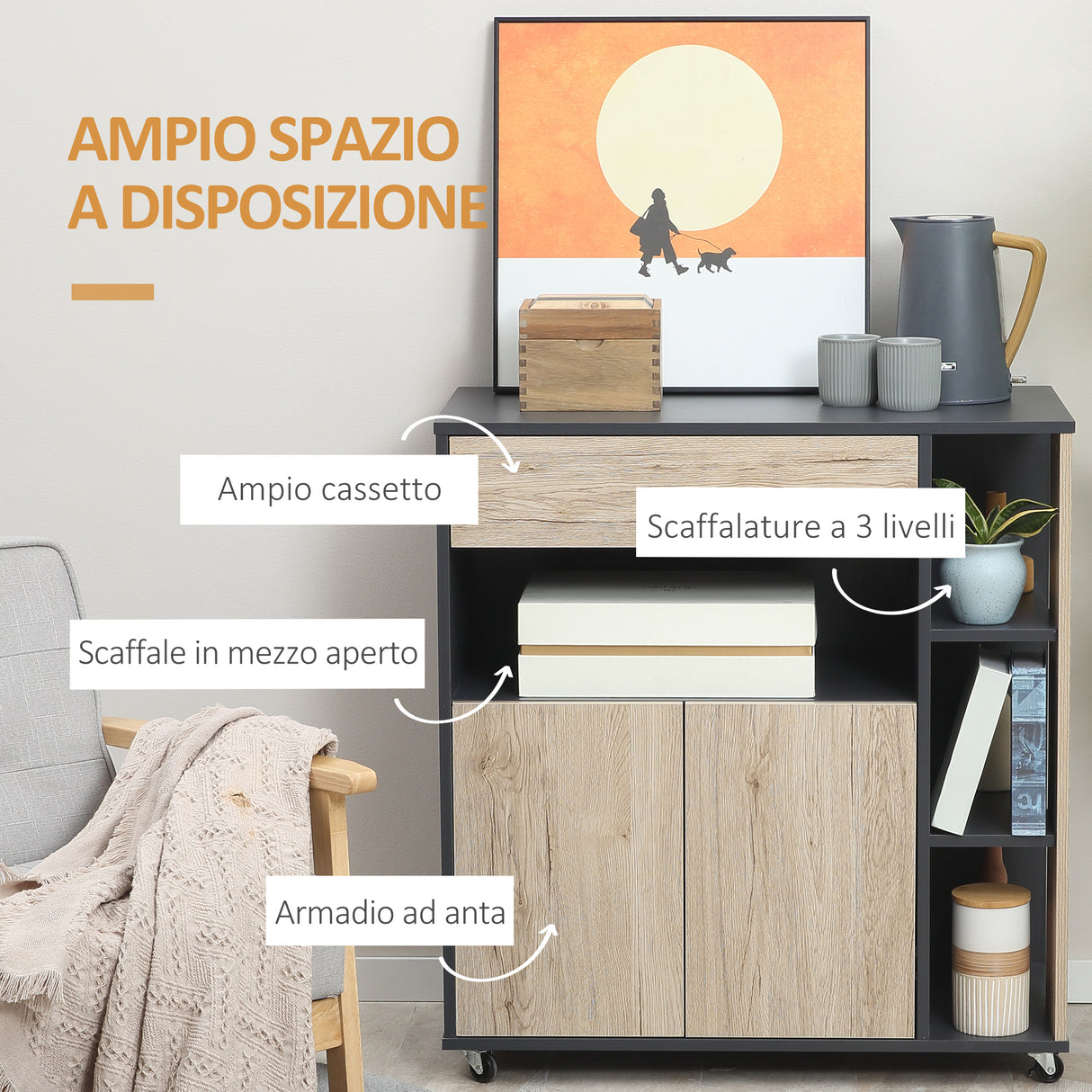 easycomfort easycomfort mobiletto ausiliario da cucina multiuso in legno con ruote 80x39x86 5cm ean 8054111849906
