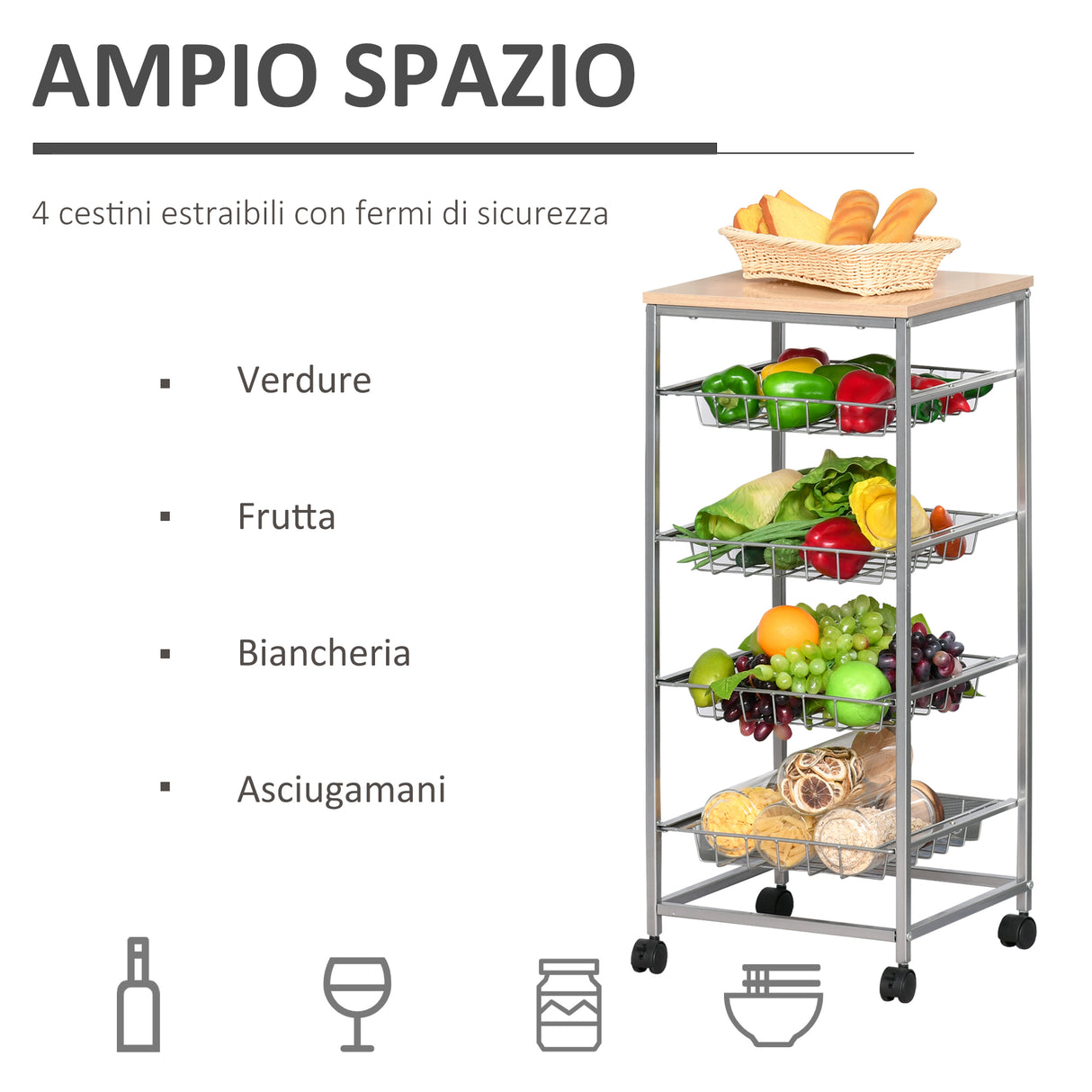 easycomfort easycomfort carrello da cucina con cesti estraibili in acciaio e ruote 36.5x36.5x89cm ean 8054111841207