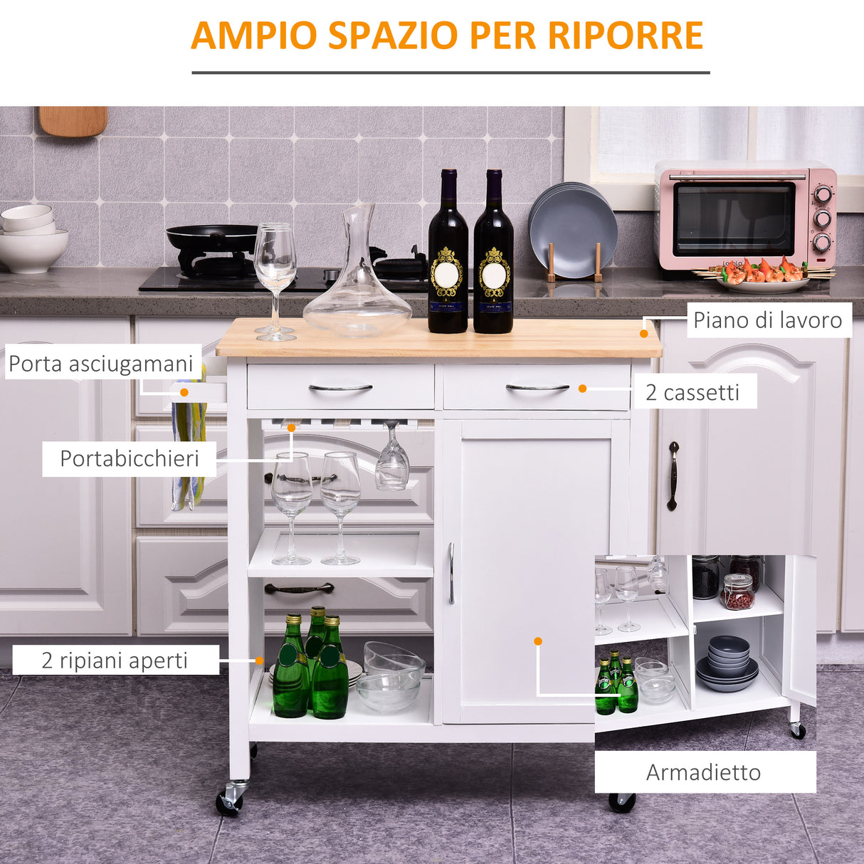 easycomfort easycomfort carrello da cucina classico 2 cassetti in legno 88.5x40x86cm ean 8054144134314