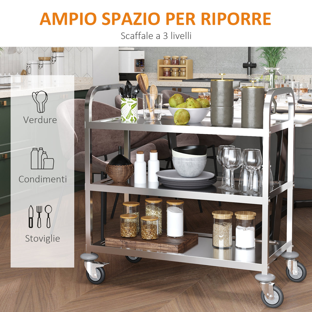 easycomfort easycomfort carello cucina carrello portavivande con ruote scaffale cucina 3 ripiani in acciaio inox 85x45x90cm ean 8054144138558