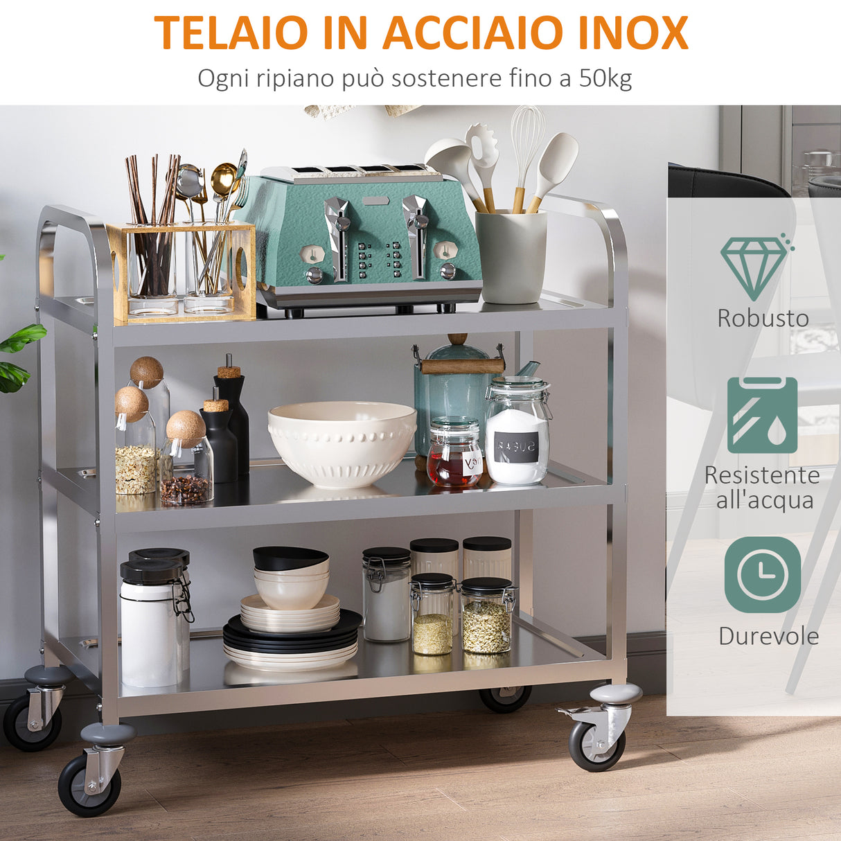 easycomfort easycomfort carello cucina carrello portavivande con ruote scaffale cucina 3 ripiani in acciaio inox 85x45x90cm ean 8054144138558