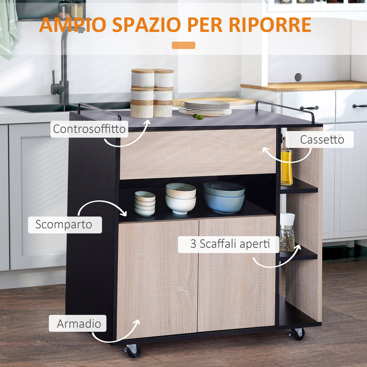 easycomfort easycomfort mobiletto da cucina con cassetti e ruote in legno rovere e nero 76.5x40x82cm ean 8054144132174