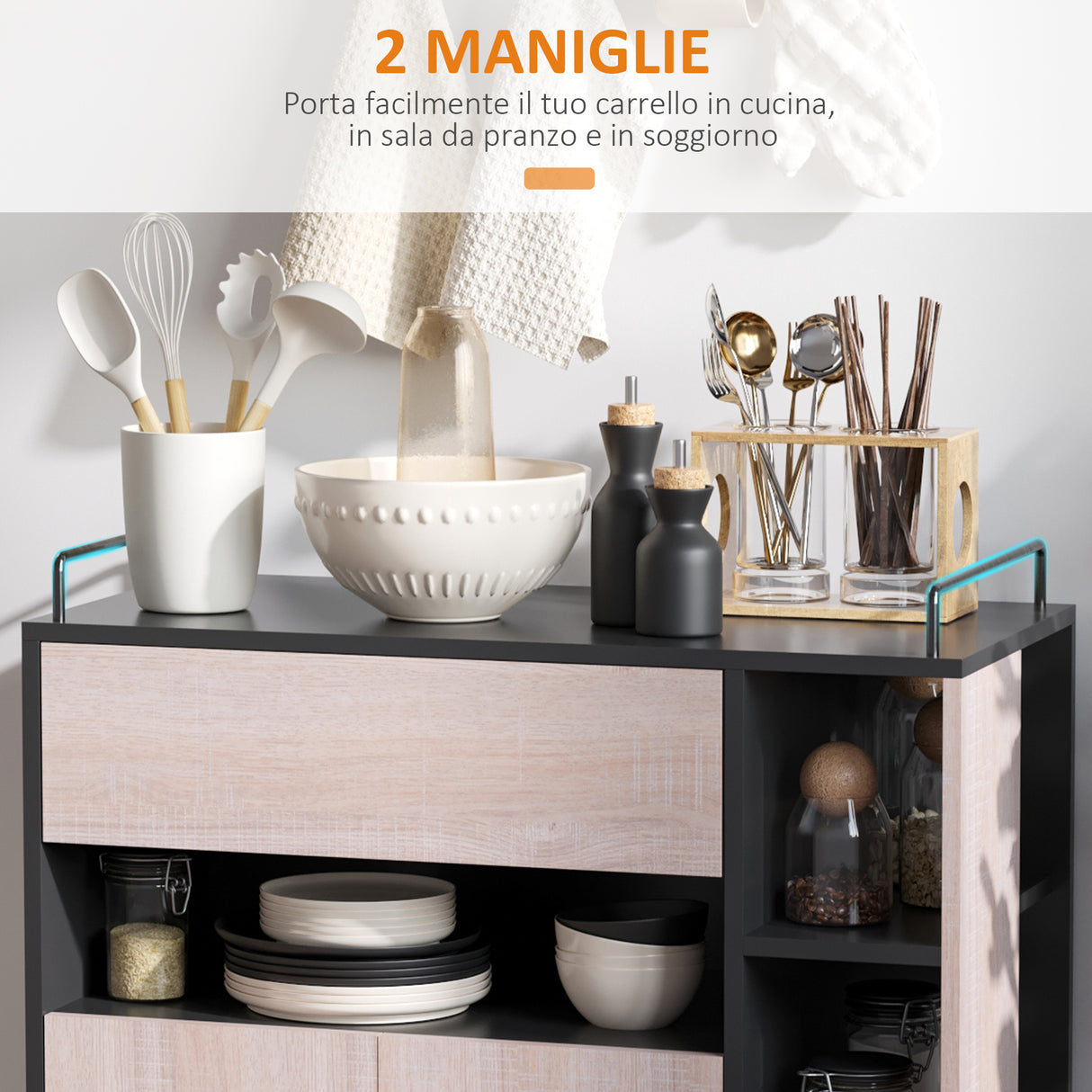 easycomfort easycomfort mobiletto da cucina con cassetti e ruote in legno rovere e nero 76.5x40x82cm ean 8054144132174