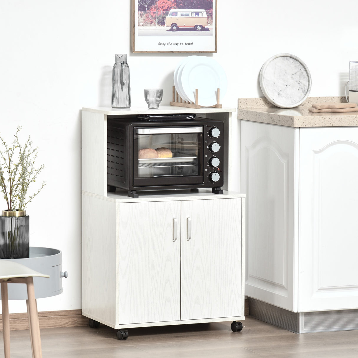 easycomfort easycomfort mobile cucina con ruote ripiano per microonde in legno truciolare 60.4x40.3x97cm bianco