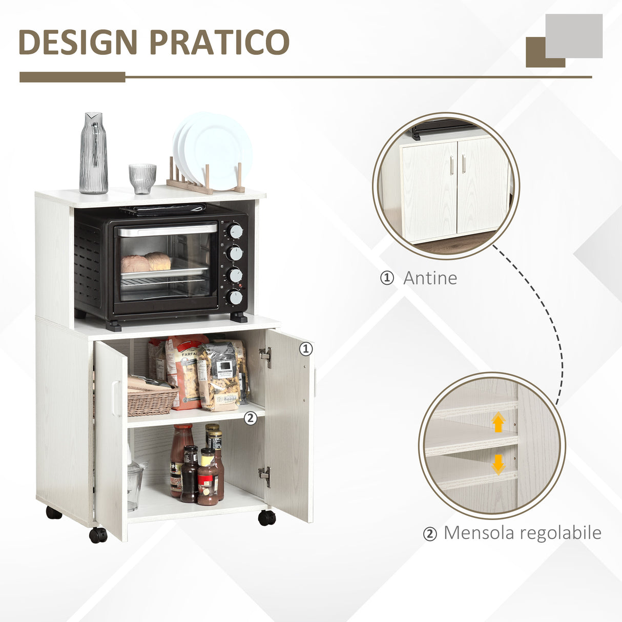 easycomfort easycomfort mobile cucina con ruote ripiano per microonde in legno truciolare 60.4x40.3x97cm bianco