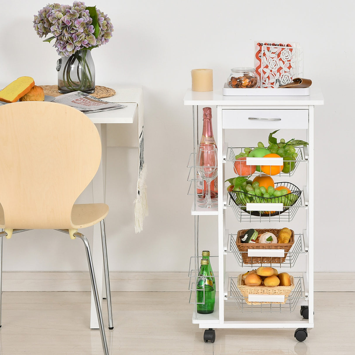 easycomfort easycomfort carrello da cucina in legno bianco con 1 cassetto e 4 cestelli metallici ean 8054111844918