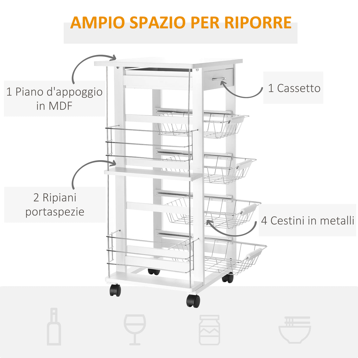 easycomfort easycomfort carrello da cucina in legno bianco con 1 cassetto e 4 cestelli metallici ean 8054111844918