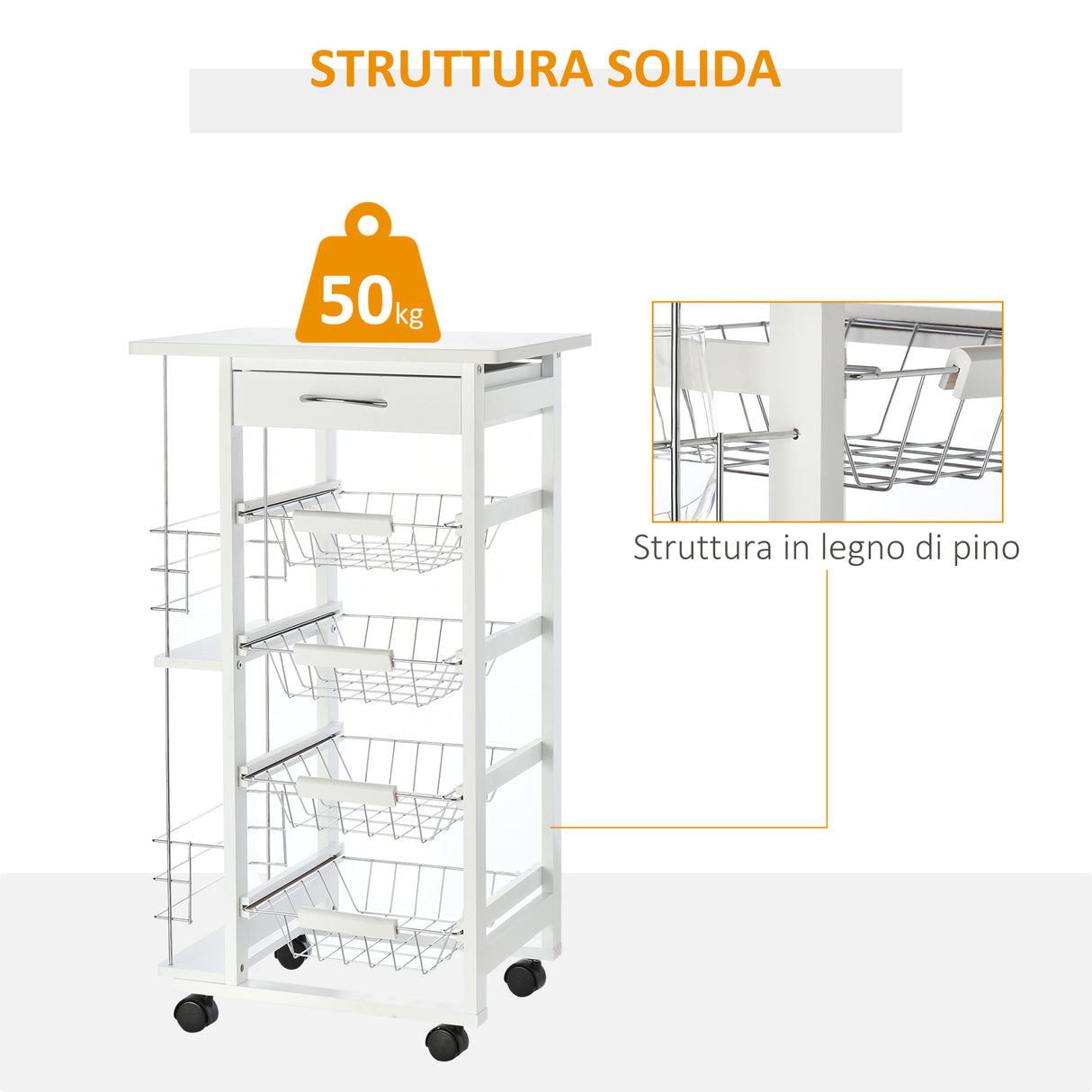 easycomfort easycomfort carrello da cucina in legno bianco con 1 cassetto e 4 cestelli metallici ean 8054111844918
