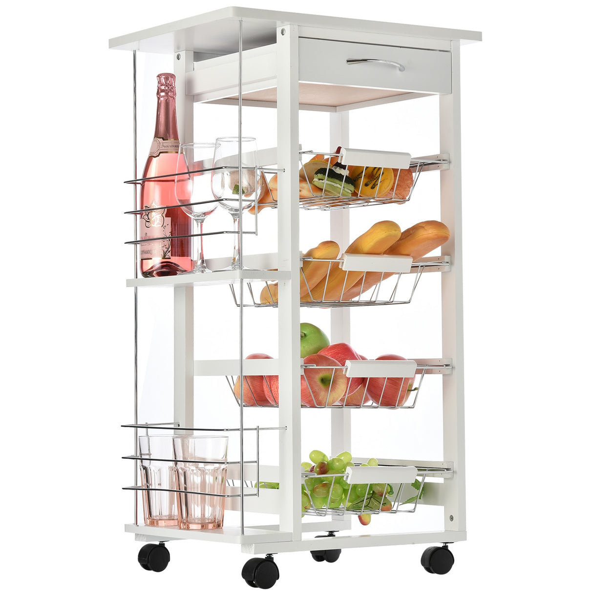easycomfort easycomfort carrello da cucina in legno bianco con 1 cassetto e 4 cestelli metallici ean 8054111844918