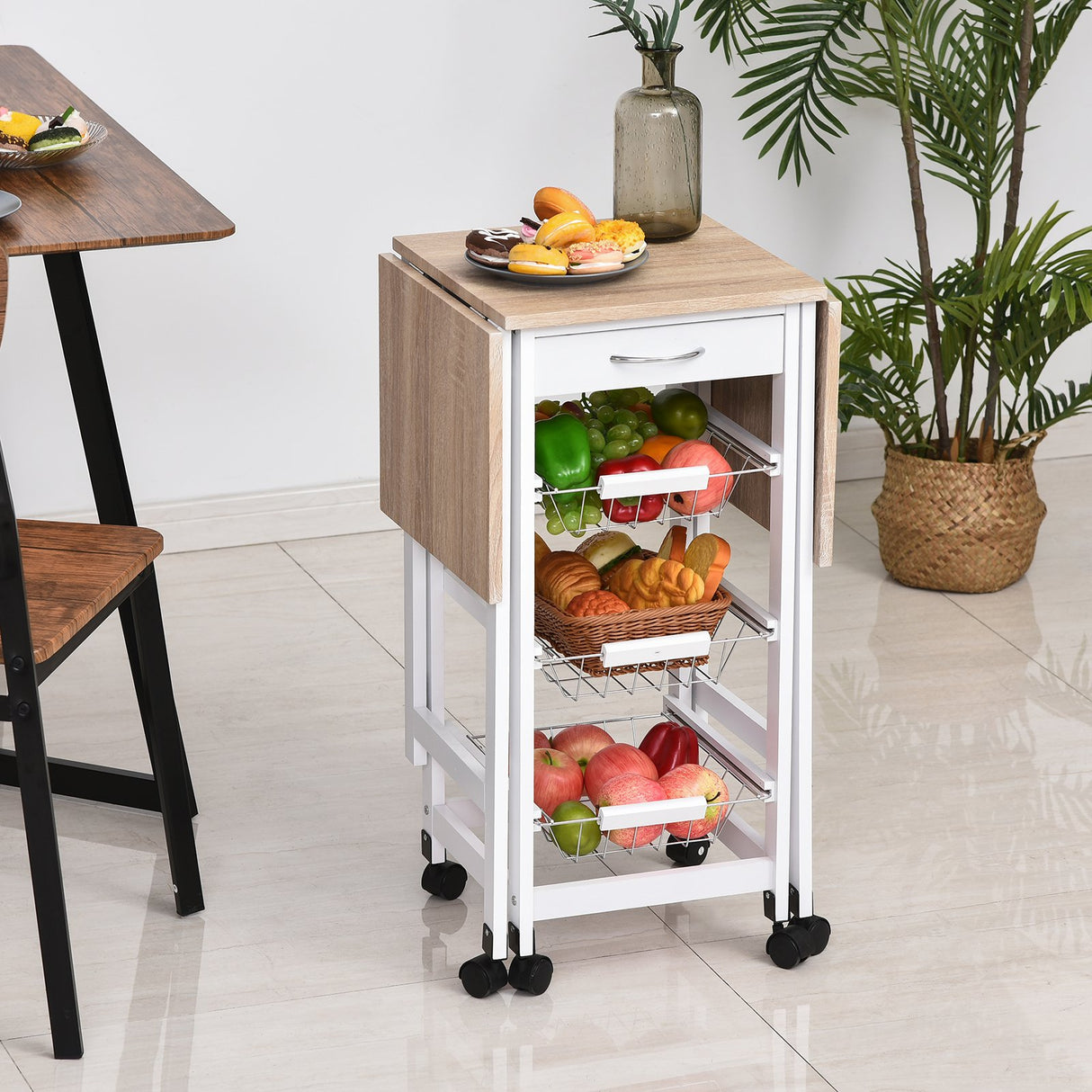 easycomfort easycomfort carrello da cucina con 3 cestini cassetto e ribalte 6 ruote girevoli in mdf e metallo 37x37x77.5cm bianco e legno