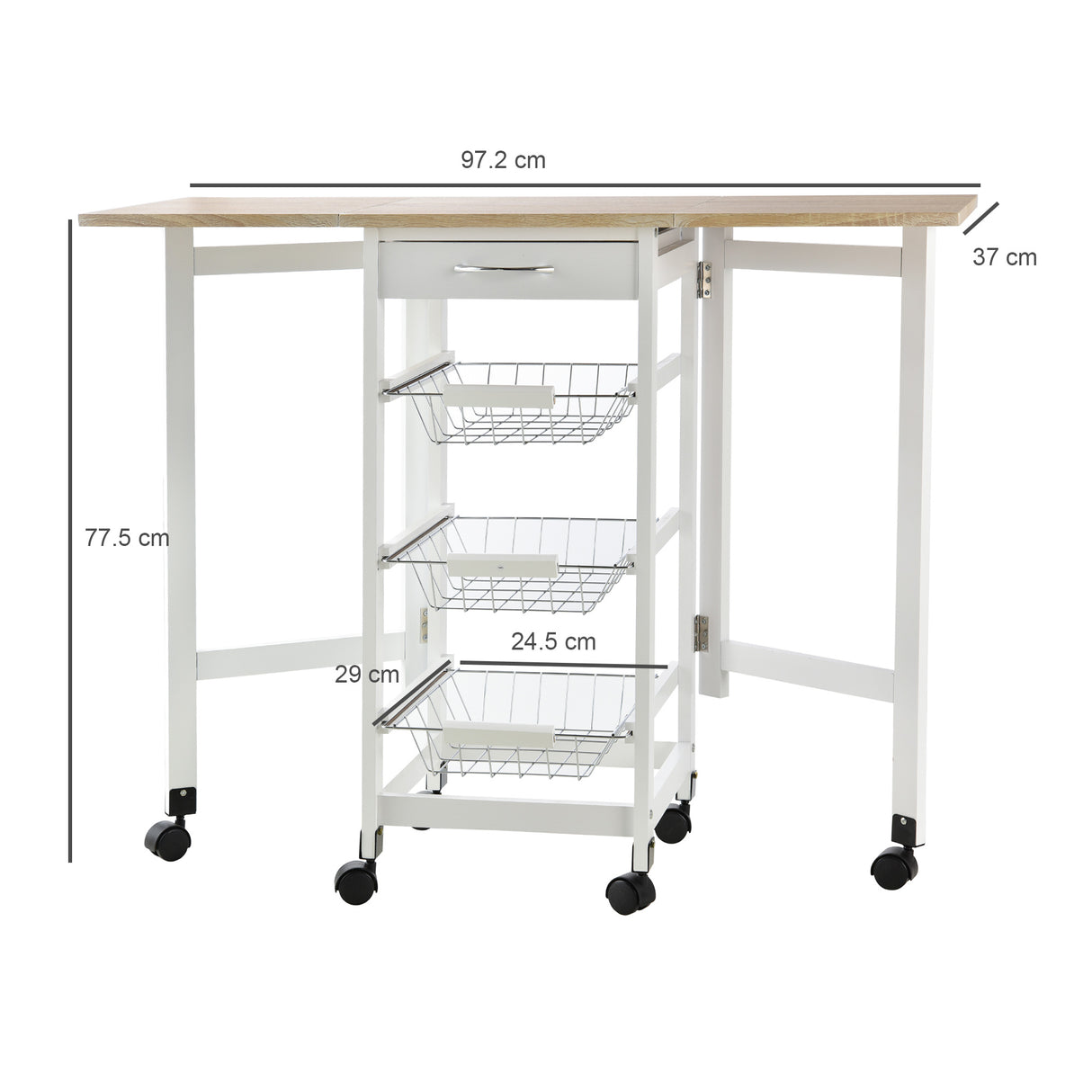 easycomfort easycomfort carrello da cucina con 3 cestini cassetto e ribalte 6 ruote girevoli in mdf e metallo 37x37x77.5cm bianco e legno