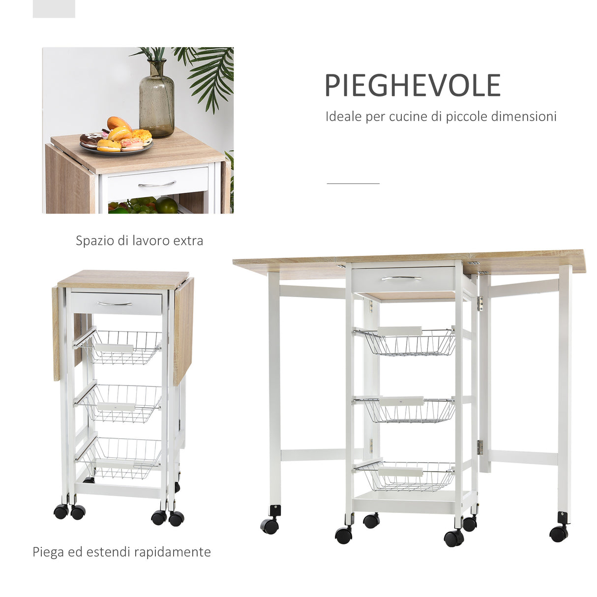 easycomfort easycomfort carrello da cucina con 3 cestini cassetto e ribalte 6 ruote girevoli in mdf e metallo 37x37x77.5cm bianco e legno