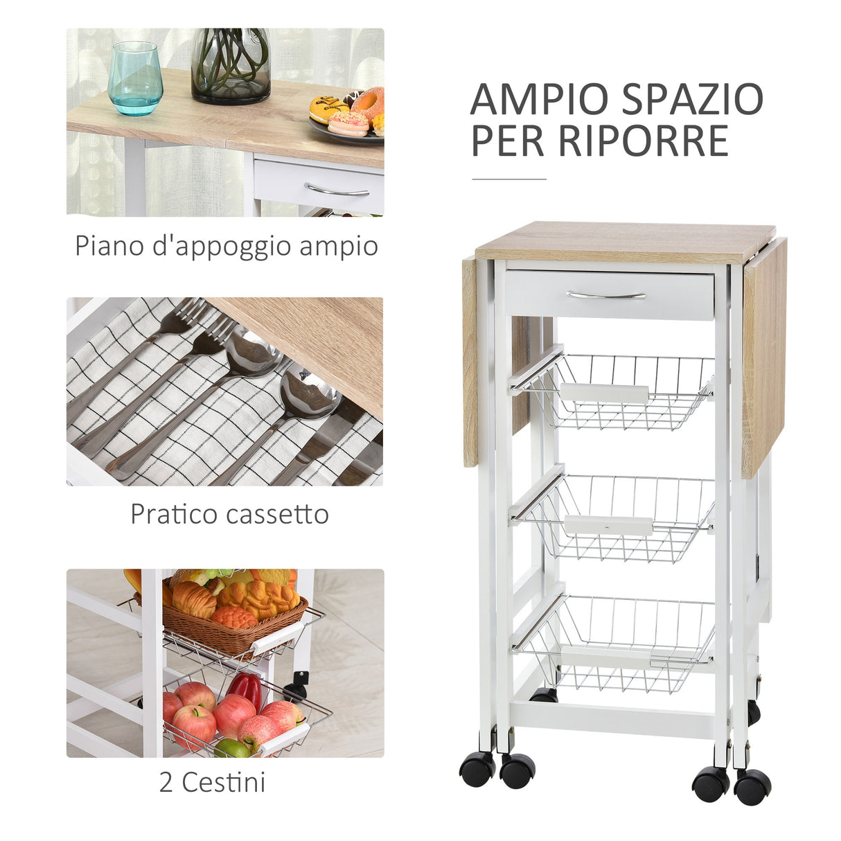 easycomfort easycomfort carrello da cucina con 3 cestini cassetto e ribalte 6 ruote girevoli in mdf e metallo 37x37x77.5cm bianco e legno