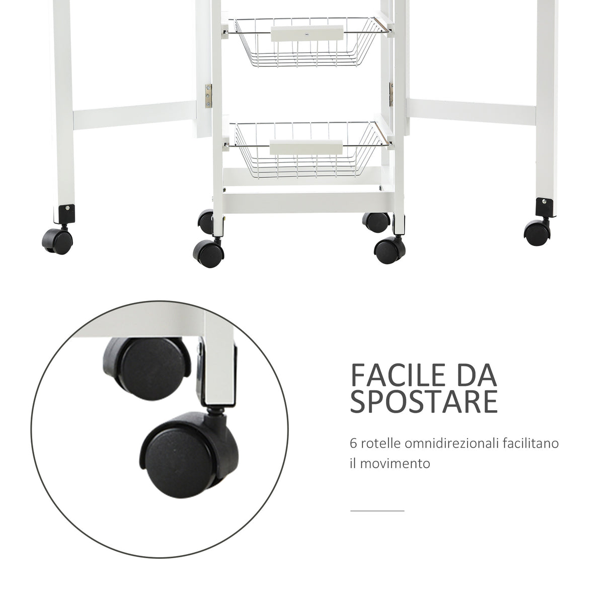 easycomfort easycomfort carrello da cucina con 3 cestini cassetto e ribalte 6 ruote girevoli in mdf e metallo 37x37x77.5cm bianco e legno