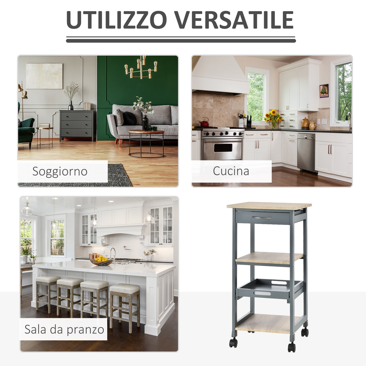 easycomfort easycomfort carrello da cucina portavivande con cassetto 2 ripiani e vassoio estraibile 37x37x76cm grigio